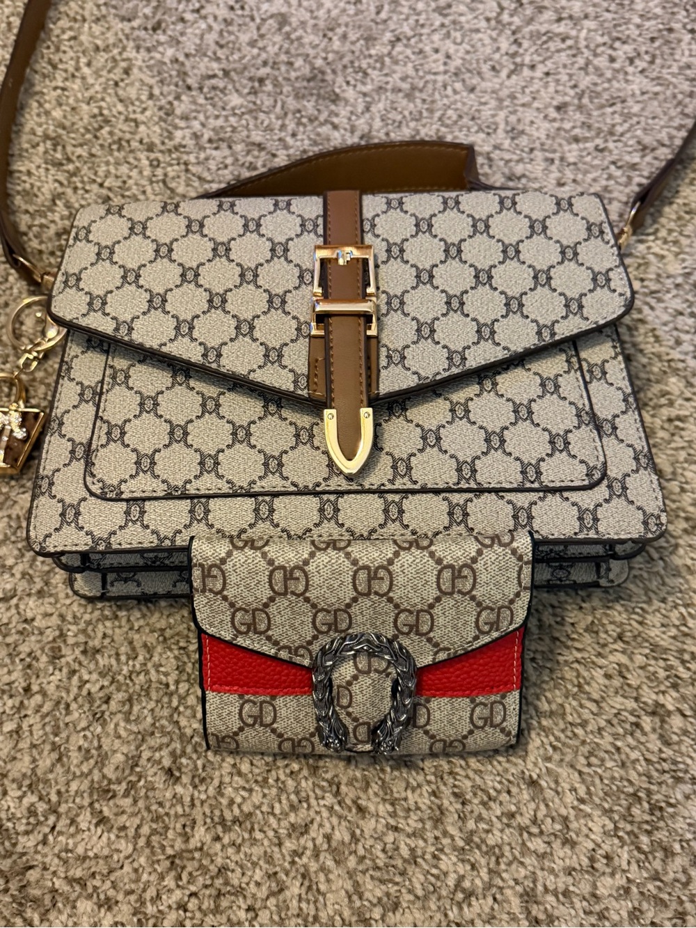 Beige Brown Monogram Shoulder Bag with Gold Buckle with a matching wallet.